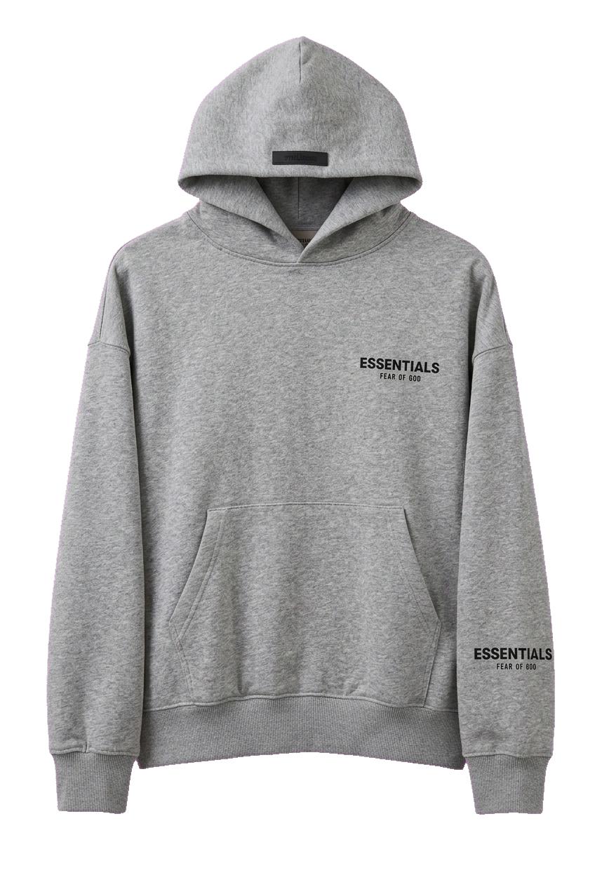 ESSENTILAS GRAY HOODIE hanging front view