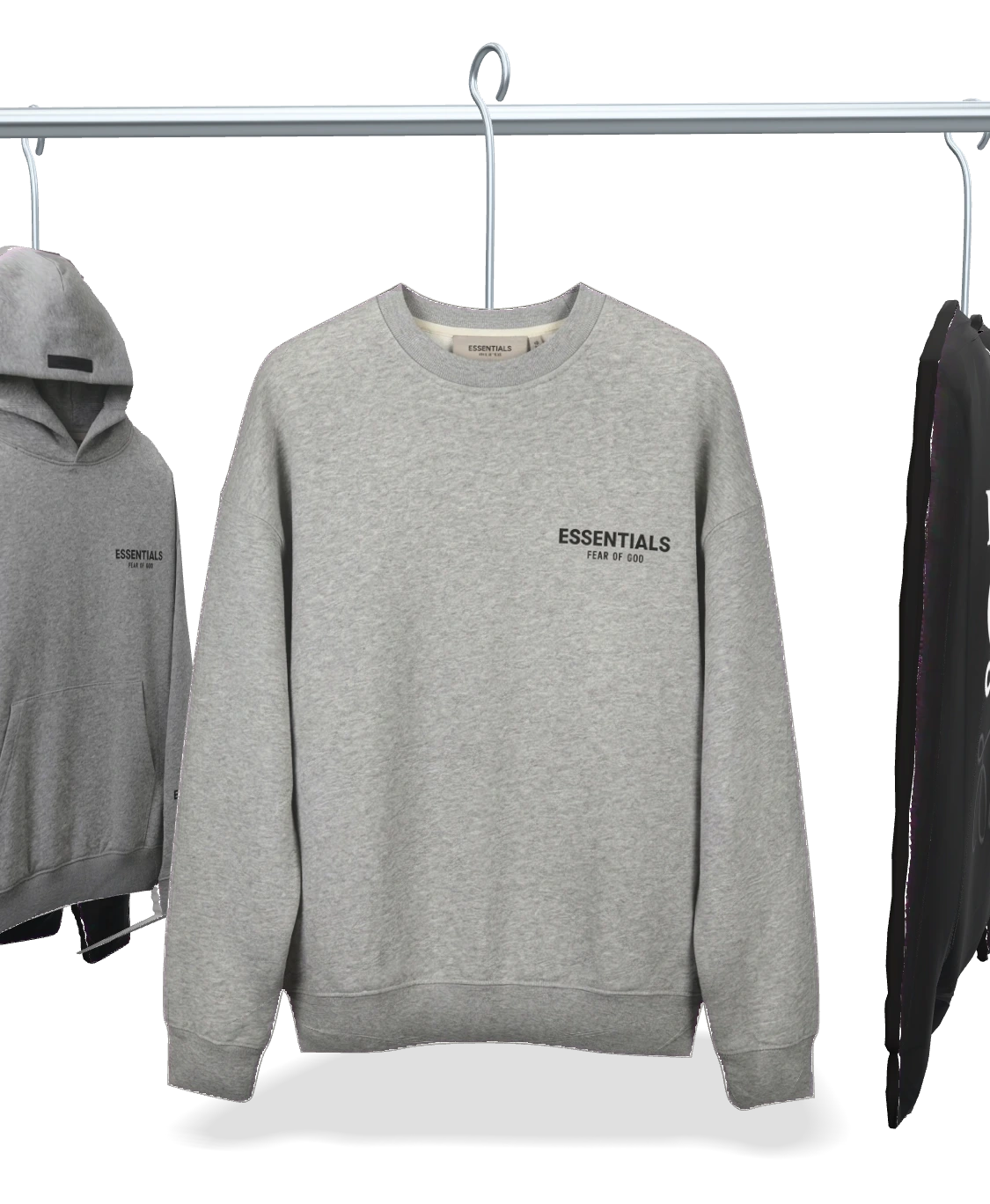 Essentials gray crewneck on the clothing rail
